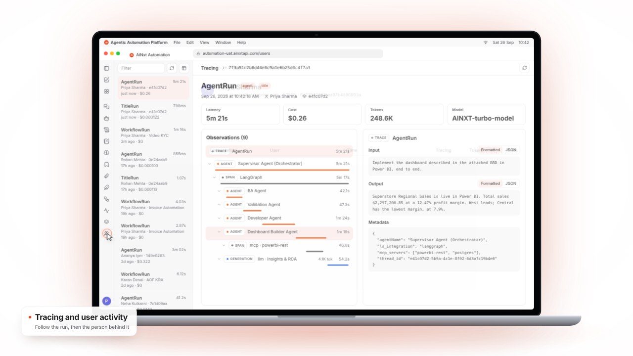 Tracing view with every agent step, token and cost