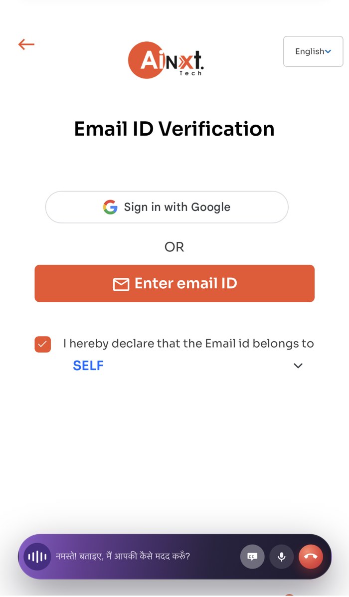 Email verification screen with a floating VoiceNXT voice assistant bar speaking Hindi