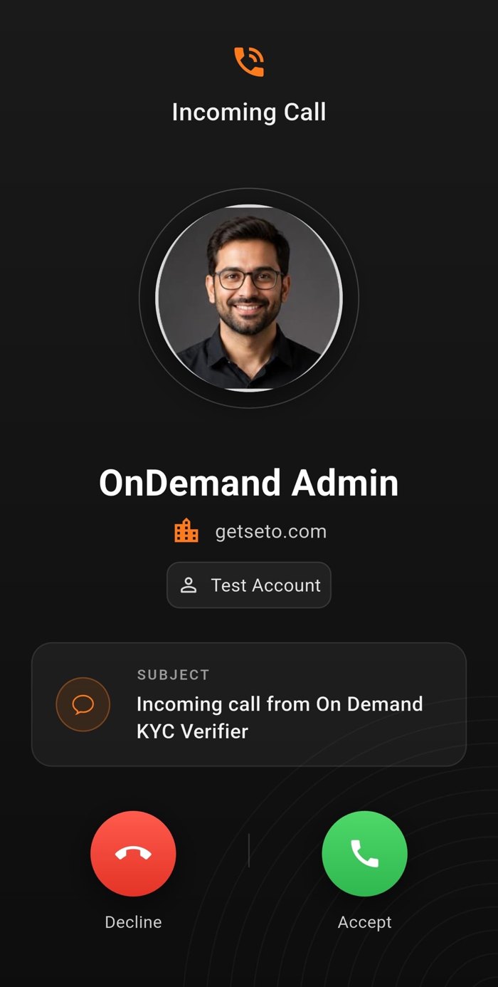 In-app incoming call screen showing caller name, company and call subject