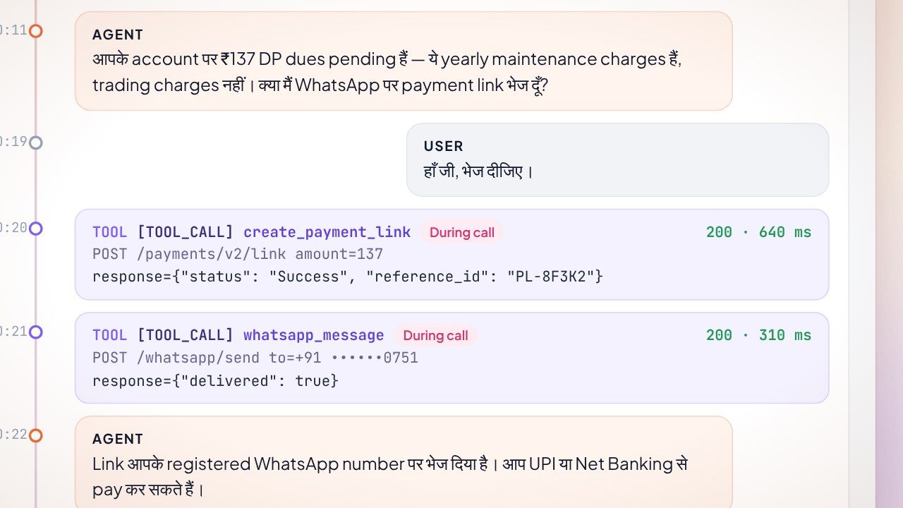 Transcript timeline with Hinglish turns and tool calls